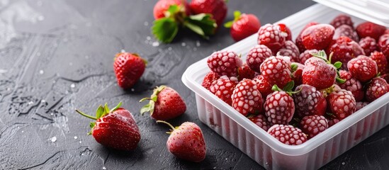Aufkleber - A square container filled with frozen strawberries with space available for additional content in the image