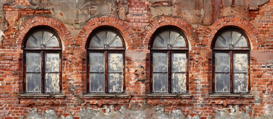 Poster - Old house wall with arched windows made of red bricks showing texture in a copy space image