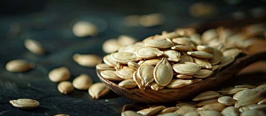 Leinwandbilder - Pumpkin seeds are scattered on a wooden spoon against a dark background creating a copy space image