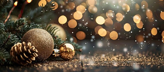 Poster - Xmas themed background adorned with shimmering gold glitter ideal for holiday decor or card design with ample copy space image