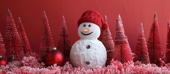 Aufkleber - Christmas indoor decoration featuring a sizable snowman set against glittering fake red pine trees with empty space for a photo. with copy space image. Place for adding text or design