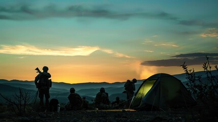 Military Camp Setup at Dusk - Soldiers Preparing for Nightfall in Remote Area