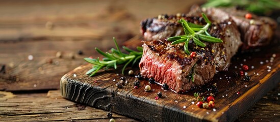 Fototapete - Entrecote meat with rosemary and pepper on a cutting board set against a wooden backdrop creating a rustic copy space image