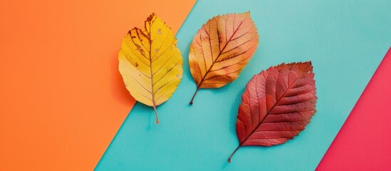 Poster - Minimalistic flat lay top view of three autumn leaves on a vibrant paper background with ample copy space image
