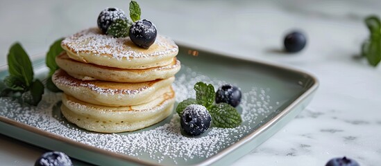 Aufkleber - Blueberries and icing sugar top Japanese style pancakes on a square green plate with a heart shaped jam creating a delicious breakfast scene against a light background Ample copy space for text or des