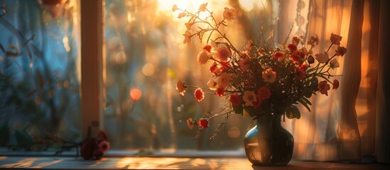 Leinwandbilder - Vintage style decoration in evening light featuring flowers in conflict with the illumination creates a charming atmosphere in the copy space image