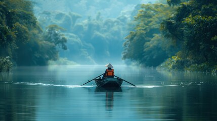 A boatman rowing a traditional boat on a serene river, capturing the tranquility of rural life