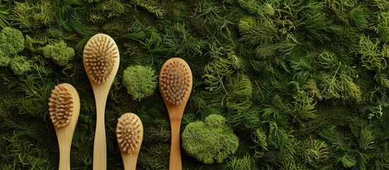 Poster - Top view of a set of bamboo massage brushes against a green moss backdrop perfect for eco friendly products imagery with a focus on natural plastic free and sustainable living Incorporates copy space