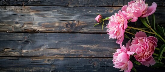 Aufkleber - Pink peonies displayed on a dark rustic wooden surface from a top down perspective with room for text a floral greeting card example for Mother s Day featuring a flat lay with a pink floral image