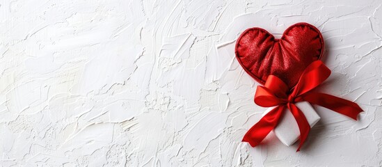 Poster - Valentine greeting card featuring a red heart a romantic gift on a white background It s a Valentine s Day decoration with copy space image for a flat lay card