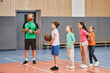 © LIGHTFIELD STUDIOS - A man stands before a group of kids, holding a basketball and providing guidance in a vibrant, engaged classroom setting.
