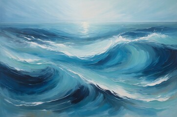 Poster - Illustration of abstract ocean wave painting with calm sky in background