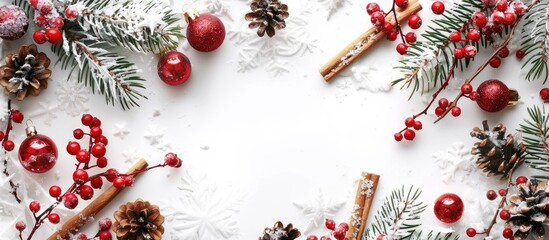 Leinwandbilder - Christmas themed border design featuring snow cinnamon sticks and berries on a white background with a copy space image capturing a festive holiday atmosphere for the winter season
