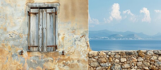 Poster - Ancient house wooden window with a rustic charm set against a scenic backdrop ideal for a copy space image