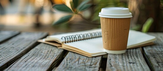 Aufkleber - Disposable cardboard cup with coffee on wooden bench beside an empty notebook ideal for outdoor study Takeaway coffee concept with a copy space image