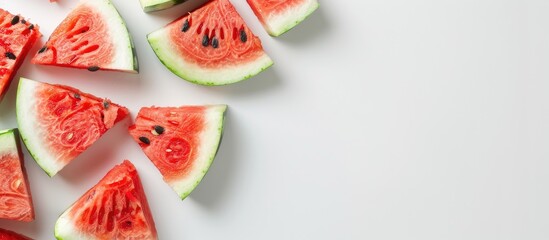 Leinwandbilder - Close up shot of ripe watermelon slices on a white background showcasing this sweet and juicy fruit with space for text ideal for a copy space image
