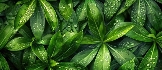 Poster - Tropical abstract green foliage with raindrops ideal as an eco friendly wall decoration This ornamental plant provides a lush organic copy space image for backgrounds or wallpapers