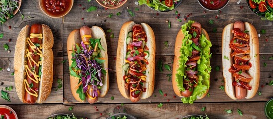 Poster - A variety of hot dogs topped with veggies lettuce and sauces on a wooden surface Top down view with a clear area for additional images or text