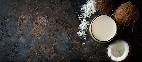 Poster - Coconut vegan milk and coconut in a glass on a dark background with copy space Alternative plant based drink concept captured from above
