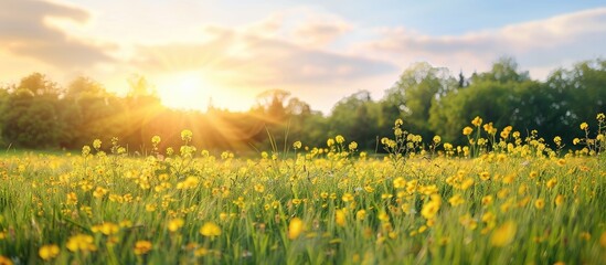 Poster - Sunny meadow with yellow wildflowers providing a vibrant scene perfect for copy space image