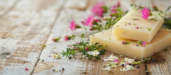 Aufkleber - White wooden table with a bar of soap adorned with herbal flowers creating a serene atmosphere with a copy space image
