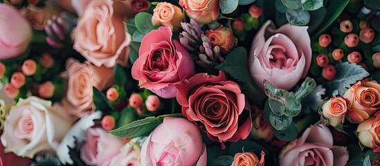 Fototapete - A stylish arrangement of flowers including roses and tulips in a wedding bouquet with decorative plants displayed elegantly Top view with room for text or a logo in the image. with copy space image