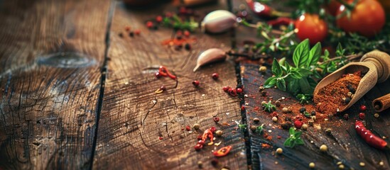 Wall Mural - A rustic wooden table adorned with various aromatic spices creating an appealing composition with copy space image