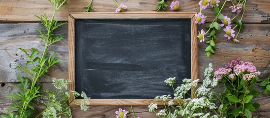 Fototapete - Chalkboard sitting on wooden surface adorned with flowers presents a spring themed setting in a flat lay composition with a copy space image