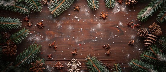 Poster - Flat lay top view of a rustic brown wooden background adorned with Christmas tree twigs and snowflakes creating a festive scene with copy space image