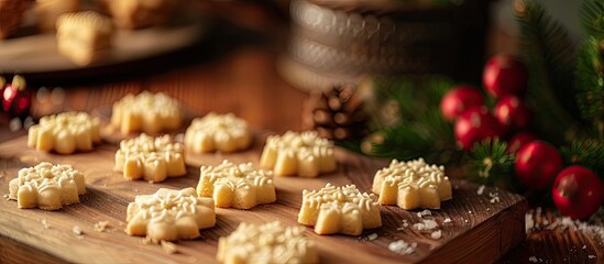 Poster - Festive season spritz cookies displayed on a decorated chopping board with various angles featuring selective focus and some empty space for images. with copy space image
