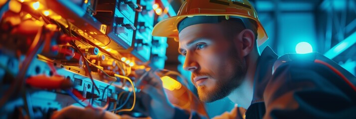 Wall Mural - electrician and engineer work on an electrical circuit with many cables for communication and data transfer