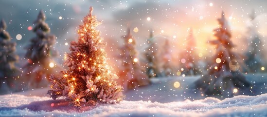 Poster - Winter scenery with a Christmas tree in the snow covered outdoors offering room for additional images