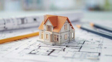 Poster - 3d rendering project of new building model house on blueprint plan