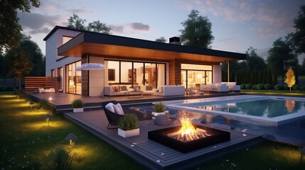 Wall Mural - modern residential building with fire place and swimming pool in garden in the evening