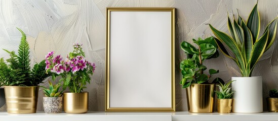 Poster - Mock up of a poster frame on a shelf with houseplants and flowers in golden pots creating a visually appealing copy space image