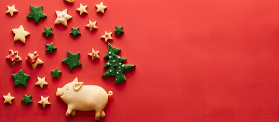 Poster - Horizontal composition featuring cookies shaped like a pig and a Christmas tree on a red background adorned with green stars with copy space image