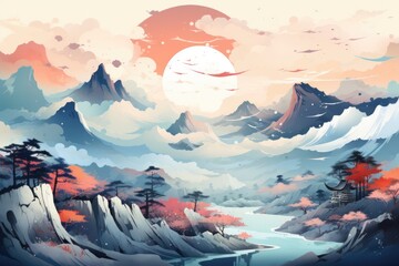 abstract art of the watercolor mountain landscape in watercolor style japan natu, generative ia