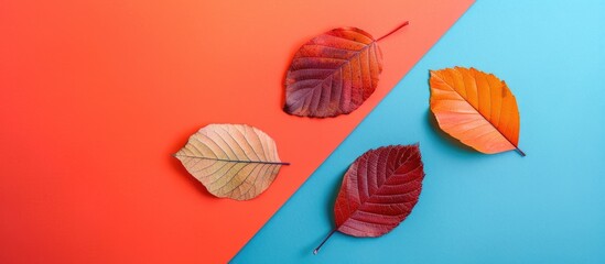 Poster - Minimalistic flat lay top view of three autumn leaves on a vibrant paper background with ample copy space image