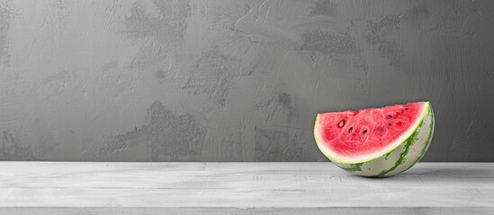 Wall Mural - A half of a delicious ripe red watermelon is placed on a white wooden table with a gray background creating a visually appealing copy space image