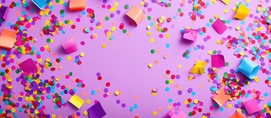 Aufkleber - Purple pastel paper adorned with colorful confetti creates a festive geometric background perfect for both party decor and project visuals in a flat lay top view image with ample copy space