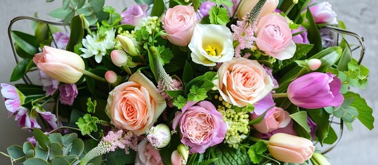 Fototapete - A stylish arrangement of flowers including roses and tulips in a wedding bouquet with decorative plants displayed elegantly Top view with room for text or a logo in the image. with copy space image