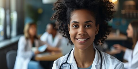 Wall Mural - Medical leadership, life insurance planning, or collaboration meeting with woman, face, or doctor in hospital boardroom. Smile, worker, or healthcare portrait in diversity, collaboration, or clinic