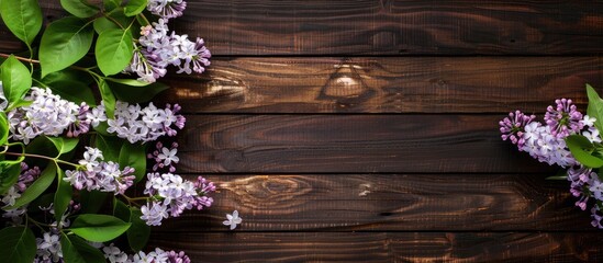 Aufkleber - Copy space image of white and purple lilac against a rich dark brown wooden backdrop