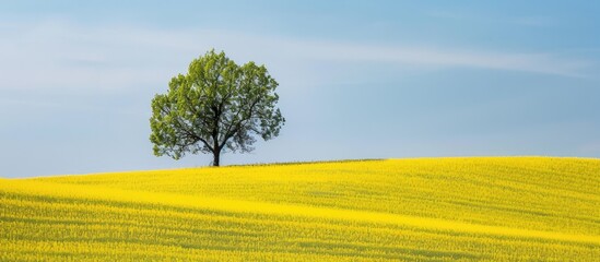 Poster - Yellow rapeseed field with a tree grove on a hill provides a scenic view in this copy space image