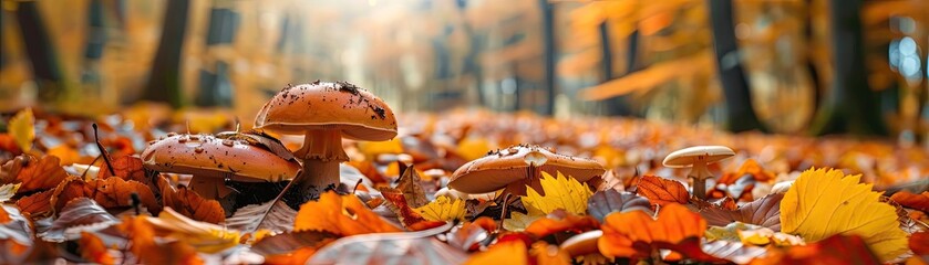 Poster - Mushrooms growing on the forest floor surrounded by colorful autumn leaves, showcasing the vibrant beauty of fall foliage in a serene woodland setting.
