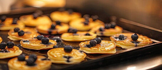 Fototapete - Silver dollar blueberry pancakes cooking on a pancake pan with copy space image