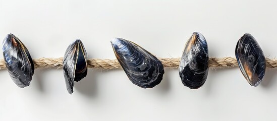 Leinwandbilder - Image concept featuring mussel shells attached to a hemp rope on a white backdrop with copy space available