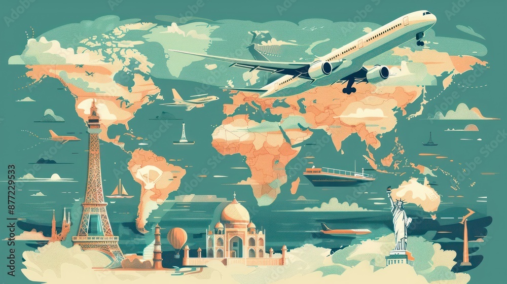 Vector airplane flying on a world map with prominent monuments from ...