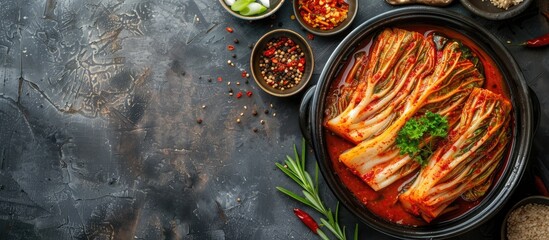 Wall Mural - Traditional Korean dish of kimchi cabbage displayed on a gray backdrop with ample copy space image