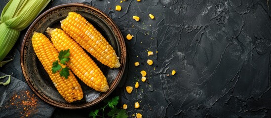 Poster - Top view of a plate with fresh corn cobs on a dark stone table with a food concept and space for adding images. with copy space image. Place for adding text or design